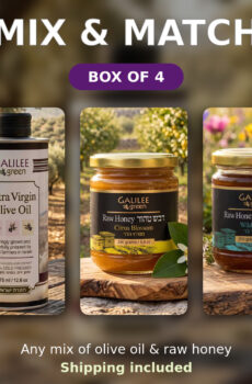 Mix and match box of 4: Galilee Green olive oil and raw honey, shipping included